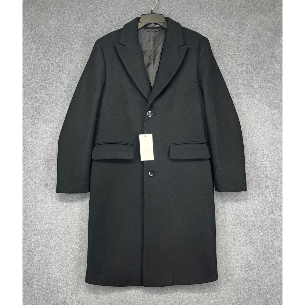 Zara Overcoat Mens Size Small Black Wool Blend Single Breasted Long Topcoat NEW